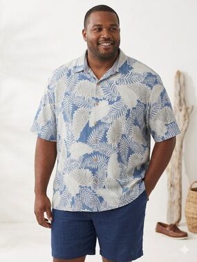 Tommy Bahama Blue fern leaf Tropical Print Short-Sleeve Shirt silk blend xxxl